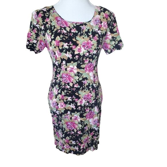 Vintage 90s Black Pink Floral Casual Dress Roses Size 6 8 Rayon Knee‎ Length - Picture 2 of 11